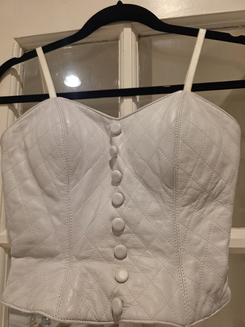 VINTAGE White Quilted 💯 GENUINE Leather Bustier Top-Sz XS